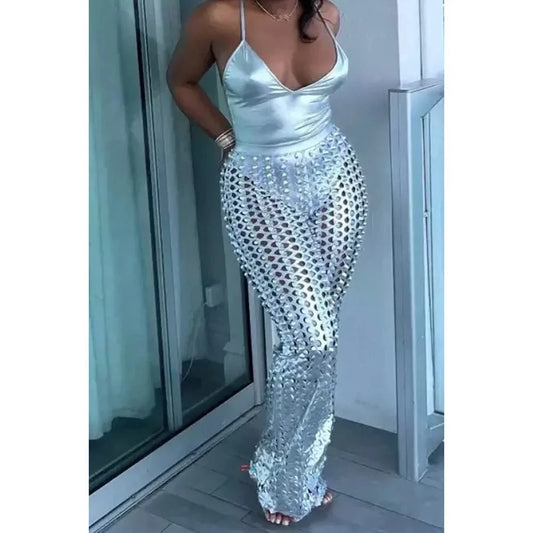 Silver / 3XL Plus Size Silver Solid Festival Metallic Hollow Sleeveless Two Pieces Pant Sets 2025 New Fashion