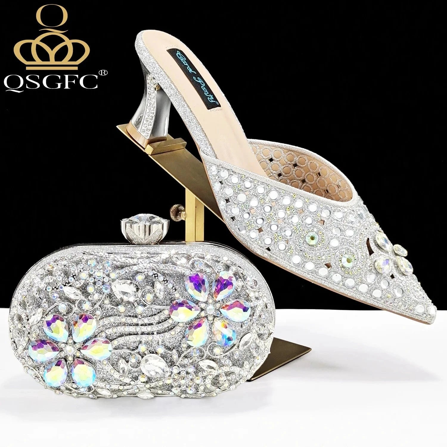 SILVER / 42 / CHINA QSGFC New Design Specials Italian Women Heels Shoes and Bag in Pink Color Comfortable Heels With Rhinestone for Part