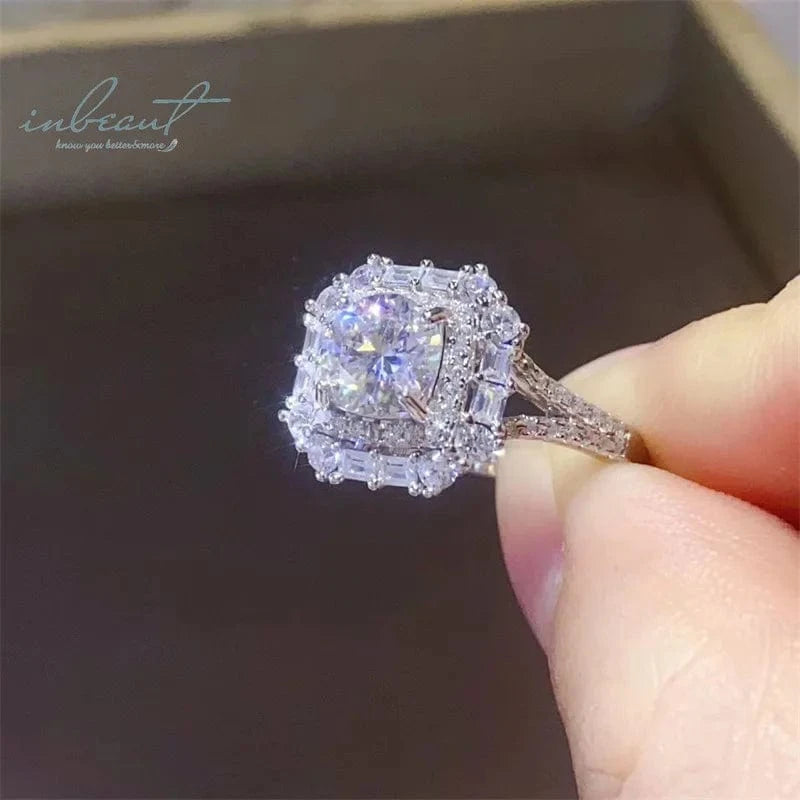 Silver 925 Original 1 Carat Brilliant Cut Diamond Test Past Sparkling D Color Moissanite Square Ring for Wedding Fine Jewelry