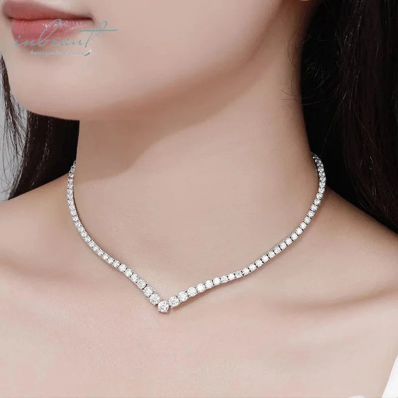 Silver 925 Original 14-24 Inches Brilliant Cut Diamond Test Past D Color Moissanite V Tennis Necklace for Women Fine Jewelry