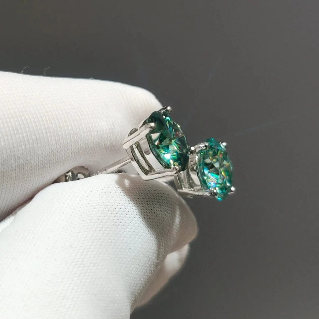 Silver 925 Original Round Brilliant Cut Diamond Test Past Total 2 Carat Blue&Green Moissanite Stud Earrings Gemstone Jewelry