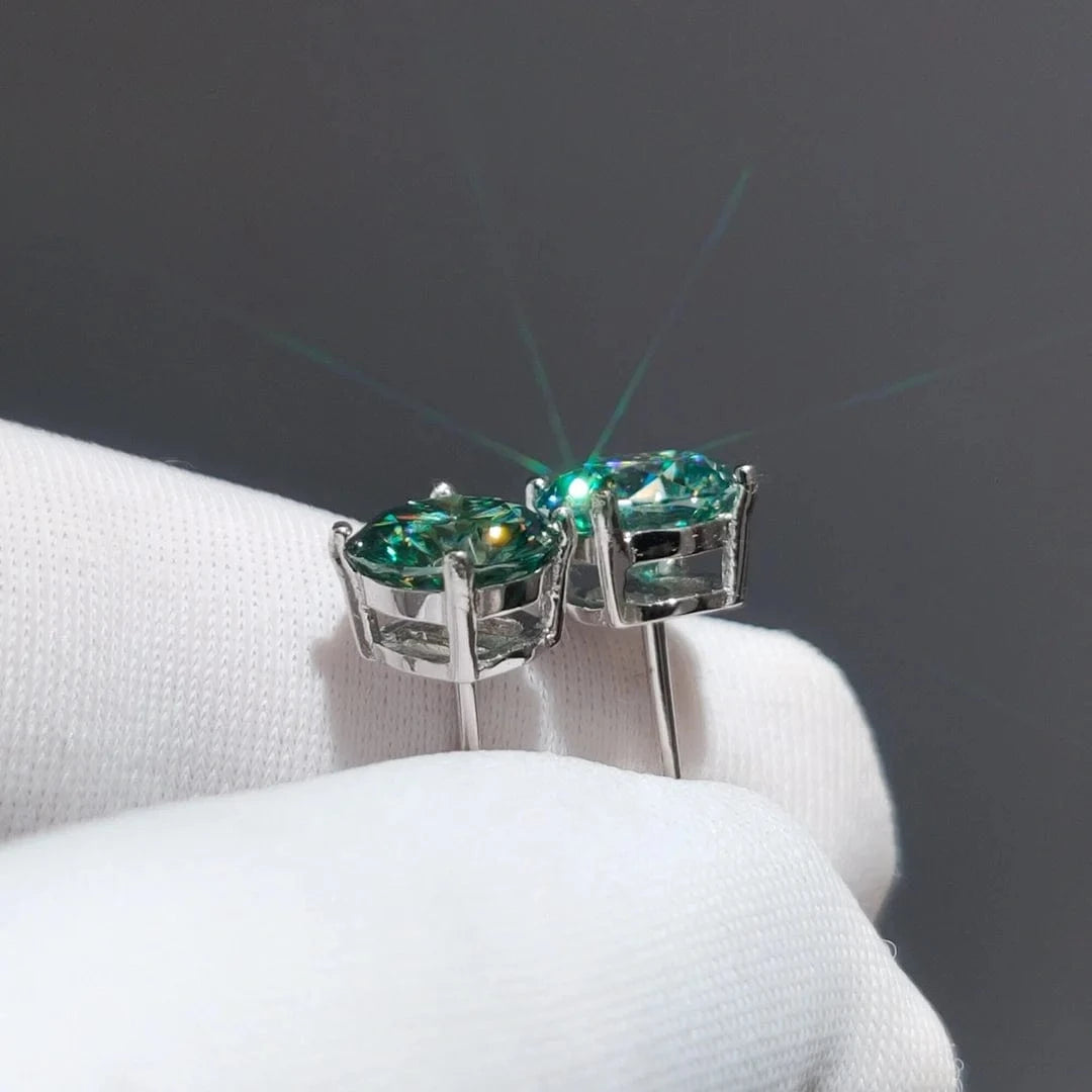 Silver 925 Original Round Brilliant Cut Diamond Test Past Total 2 Carat Blue&Green Moissanite Stud Earrings Gemstone Jewelry