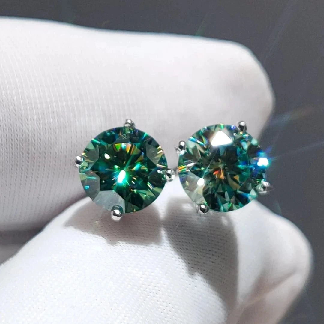 Silver 925 Original Round Brilliant Cut Diamond Test Past Total 2 Carat Blue&Green Moissanite Stud Earrings Gemstone Jewelry