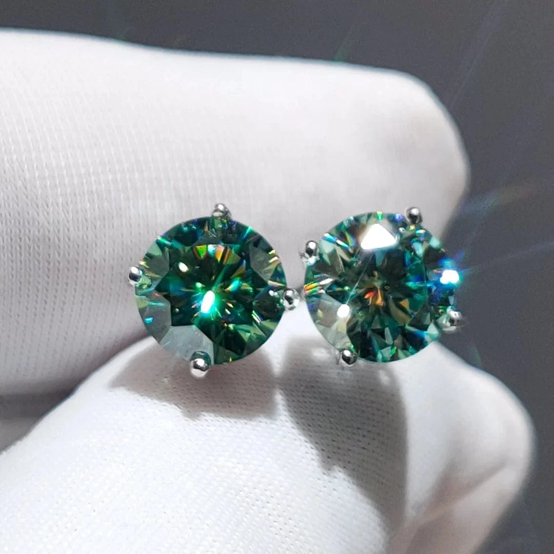 Silver 925 Original Round Brilliant Cut Diamond Test Past Total 2 Carat Blue&Green Moissanite Stud Earrings Gemstone Jewelry