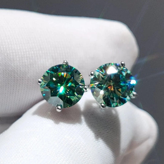 Silver 925 Original Round Brilliant Cut Diamond Test Past Total 2 Carat Blue&Green Moissanite Stud Earrings Gemstone Jewelry