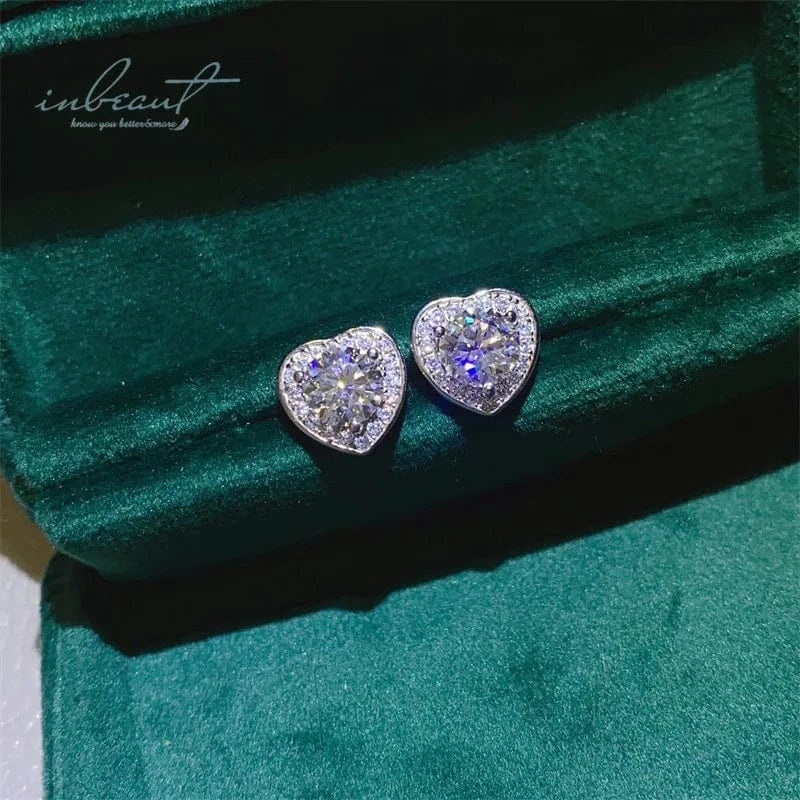 Silver 925 Original Total 1-2 Carat Brilliant Cut Diamond Test Past D Color Moissanite Heart Stud Earrings Gemstone Jewelry