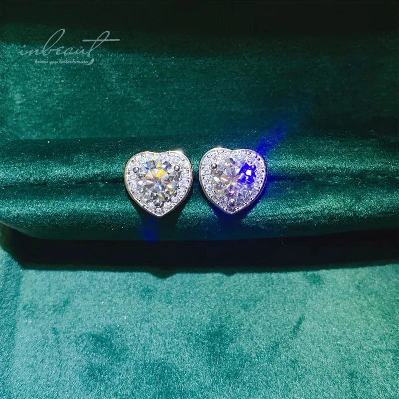 Silver 925 Original Total 1-2 Carat Brilliant Cut Diamond Test Past D Color Moissanite Heart Stud Earrings Gemstone Jewelry