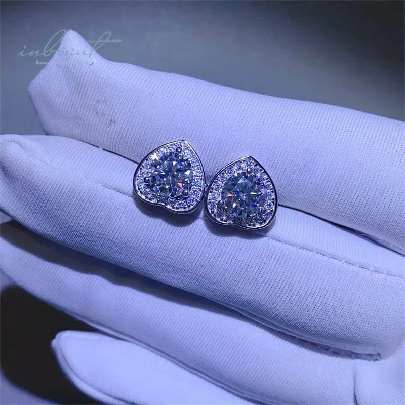 Silver 925 Original Total 1-2 Carat Brilliant Cut Diamond Test Past D Color Moissanite Heart Stud Earrings Gemstone Jewelry