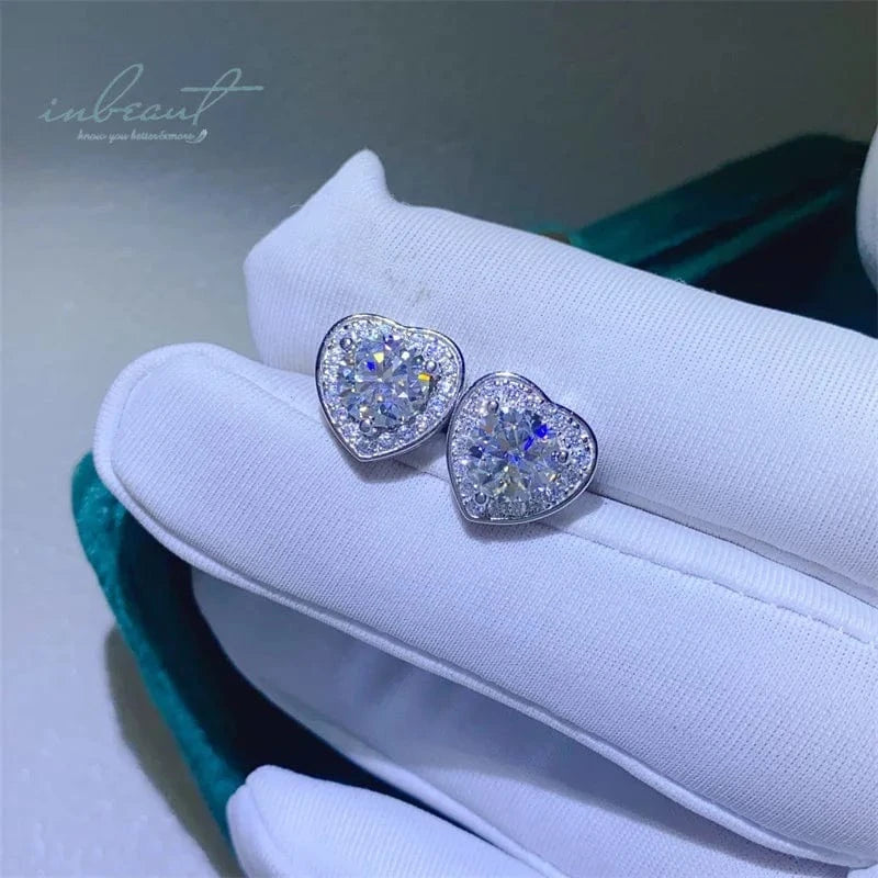 Silver 925 Original Total 1-2 Carat Brilliant Cut Diamond Test Past D Color Moissanite Heart Stud Earrings Gemstone Jewelry