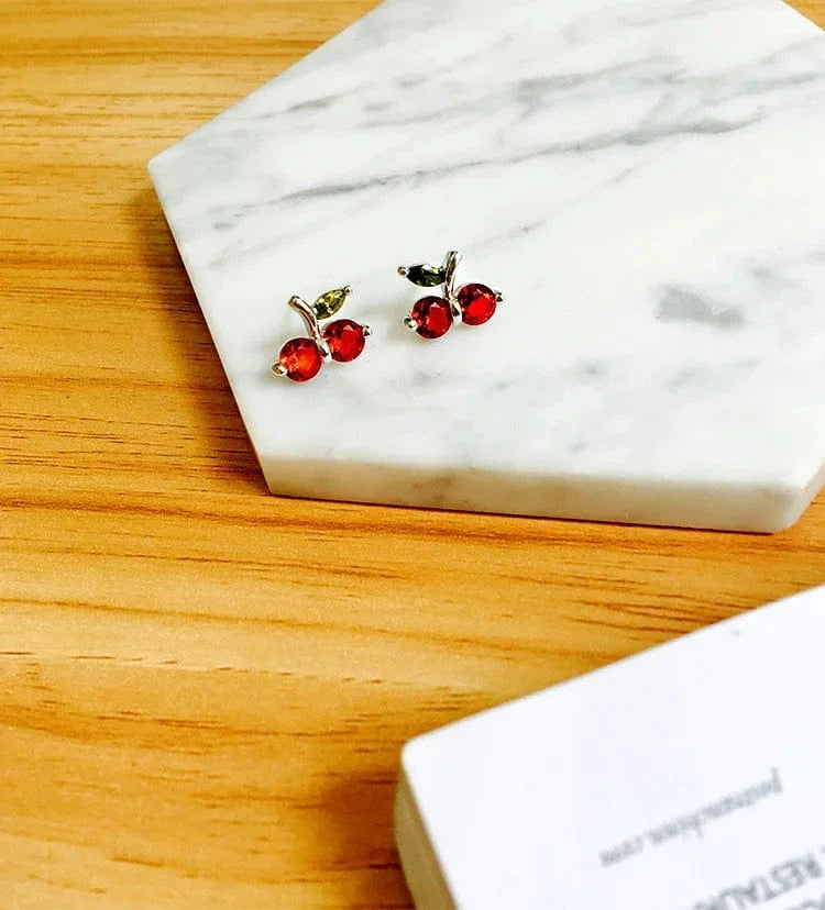 silver 925 Sterling Silver Prevent Allergy Red cherry Stud Earrings for Women Wedding Jewelry
