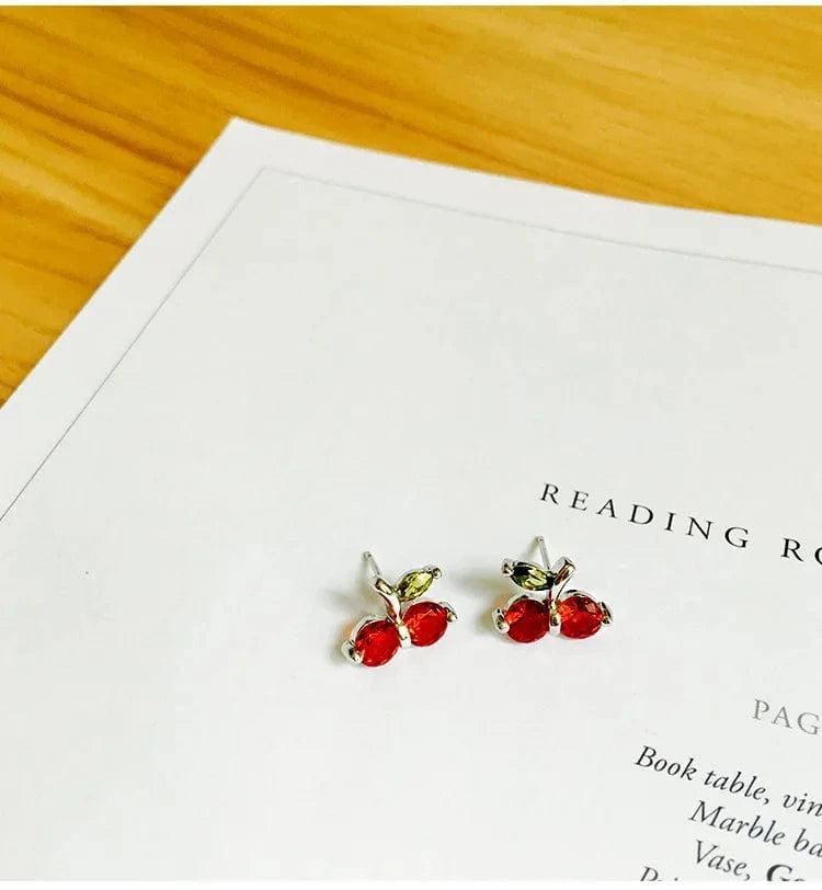 silver 925 Sterling Silver Prevent Allergy Red cherry Stud Earrings for Women Wedding Jewelry