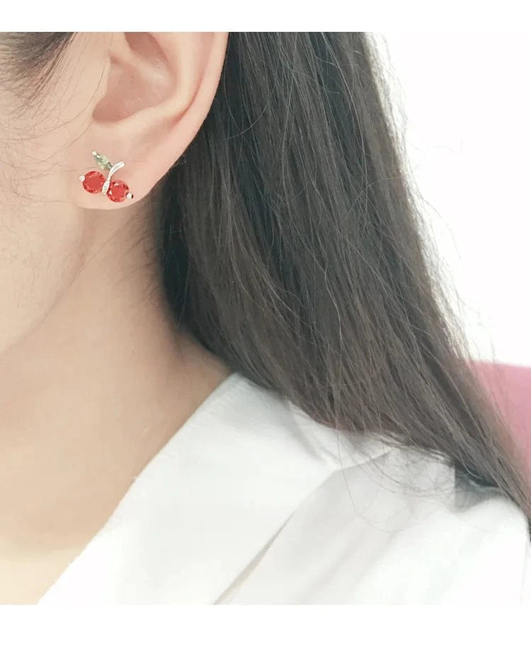 silver 925 Sterling Silver Prevent Allergy Red cherry Stud Earrings for Women Wedding Jewelry