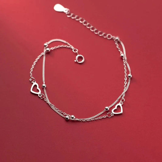 silver 925 Sterling Silver Sweet Double Layer Hollow Heart Beads Bracelets for Women Sterling Silver Wedding's Day Gift