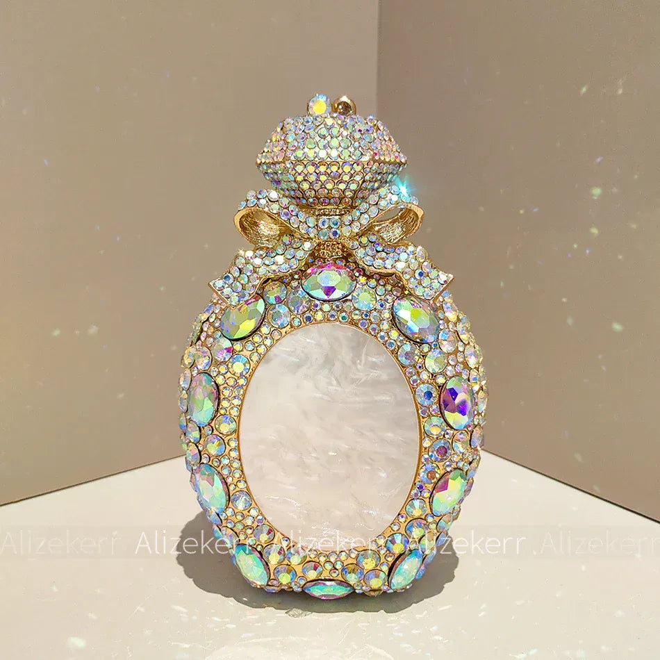 Silver AB / L11xW5xH17cm Alizekerr Perfume Bottle Crystal Evening Bags Women Gorgeous Boutique Bow Diamond Metal Clutch Purses And Handbags Wedding Party
