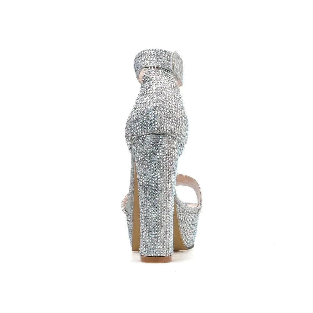 Silver Bling Diamond Women Sandals Chunky High Heels Shoes Buckle Strap Platform Glitter Summer Slipper Woman Wedding Sandals