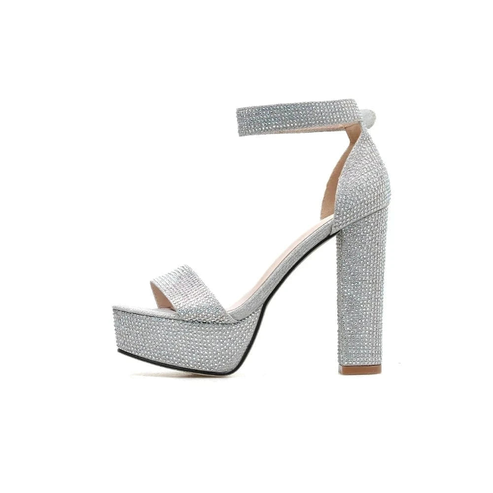 Silver Bling Diamond Women Sandals Chunky High Heels Shoes Buckle Strap Platform Glitter Summer Slipper Woman Wedding Sandals