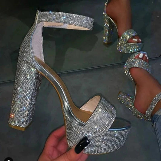 Silver Bling Diamond Women Sandals Chunky High Heels Shoes Buckle Strap Platform Glitter Summer Slipper Woman Wedding Sandals