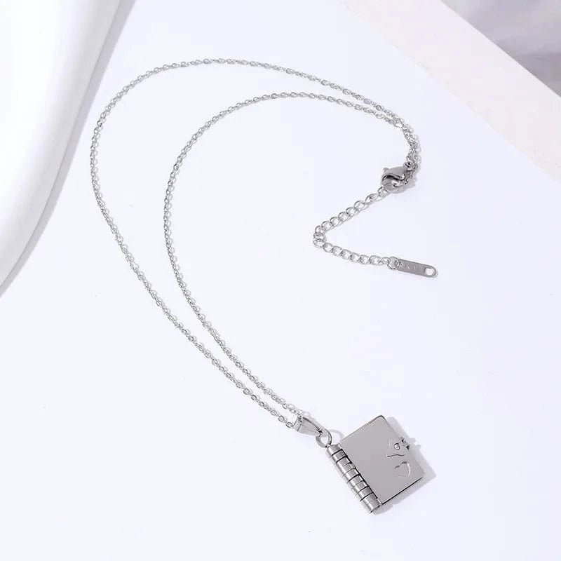 Silver book Aimgal fashion jewelry DIY carving Lovers Book pendent necklace 316 stainless steel PVD plated 18k gold waterproof non tarnish