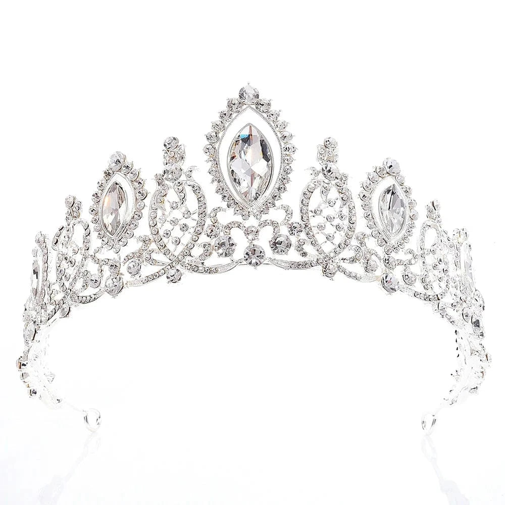 Silver +Clear Stone RS087 Rhinestone Metal Tiara Blue Crystal Crown for Wedding Accessories for Bride