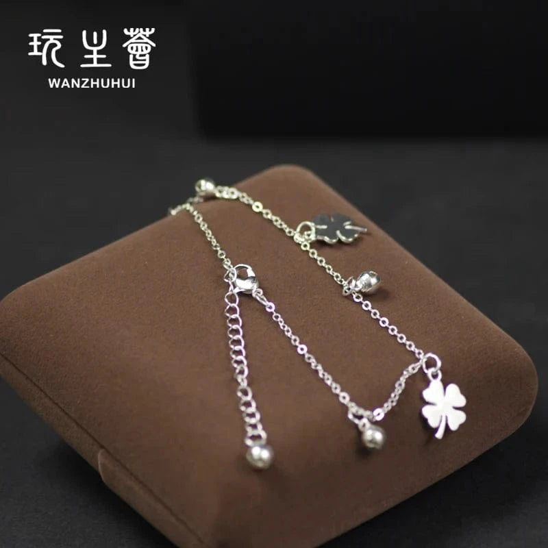 silver clover shape little bell gold plating cuban link anklet stainless steel anklets foot jewelry