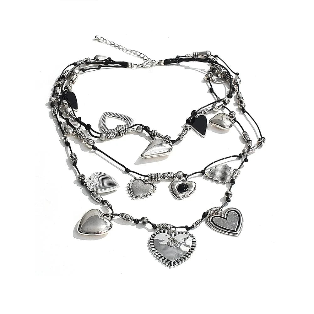 Silver Color Vintage Multi Layer Rope Heart Pendant Necklaces for Women Personality Metal Love Chokers Necklaces Jewelry Accessories