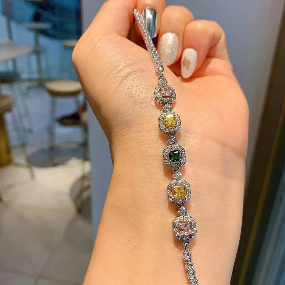 silver colorful Gemstone Tennis Bracelets for Women Luxury Iced Out AAA+ Cubic Zirconia Chain On Hand Wedding Fashion Jewelry