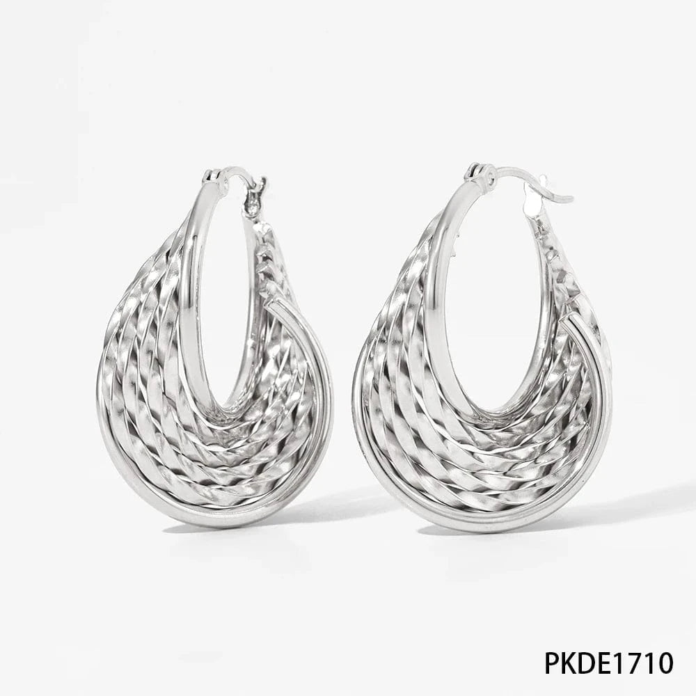 Silver-(D1710) Vintage Irregularity Tarnish Free Jewelry Gold Plated Stainless Steel Multi-Layer Twisted Hoop Earrings for Women Luxury