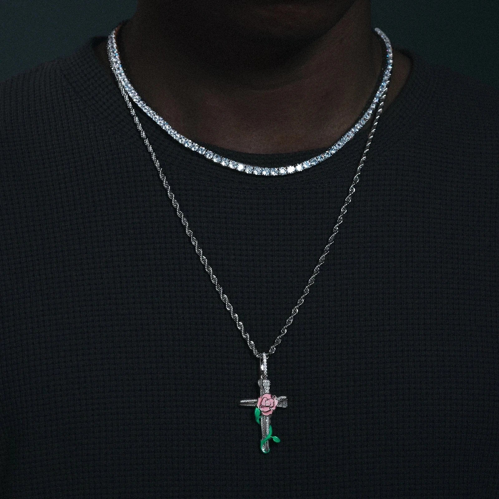silver Dropshipping Enamel Plated Hip Hop Jewelry Glowing 925 Sterling Silver VVS Moissanite Diamond Rose Flower Cross Pendant