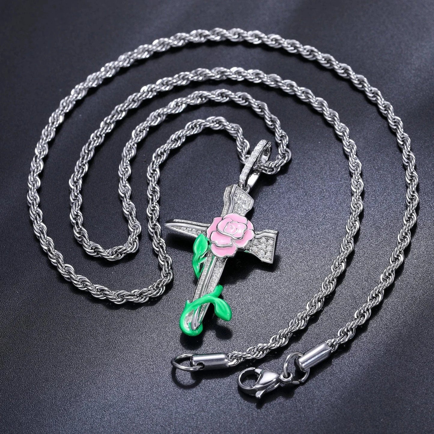 silver Dropshipping Enamel Plated Hip Hop Jewelry Glowing 925 Sterling Silver VVS Moissanite Diamond Rose Flower Cross Pendant