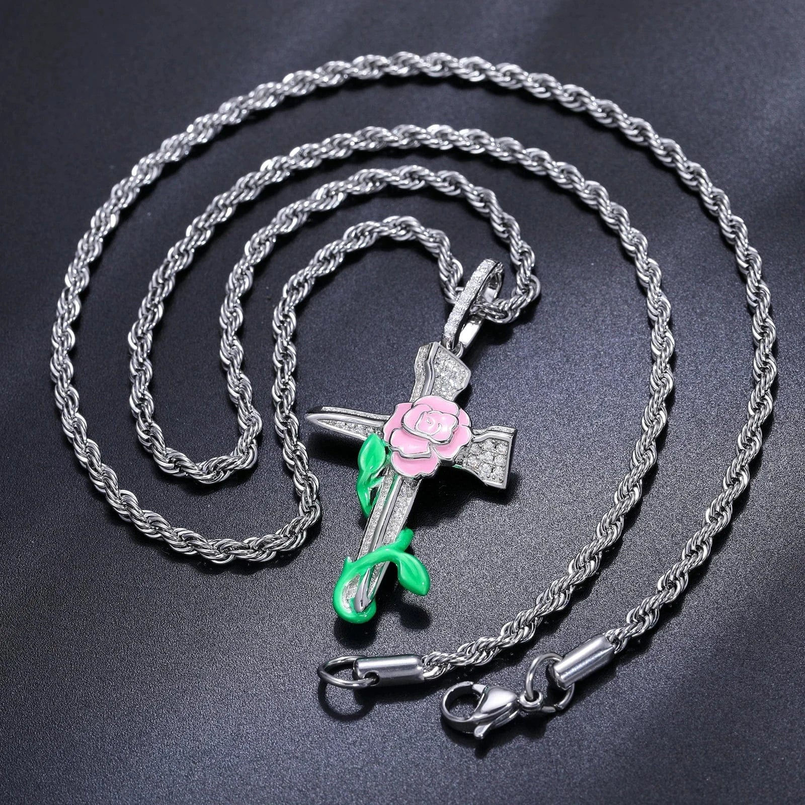 silver Dropshipping Enamel Plated Hip Hop Jewelry Glowing 925 Sterling Silver VVS Moissanite Diamond Rose Flower Cross Pendant