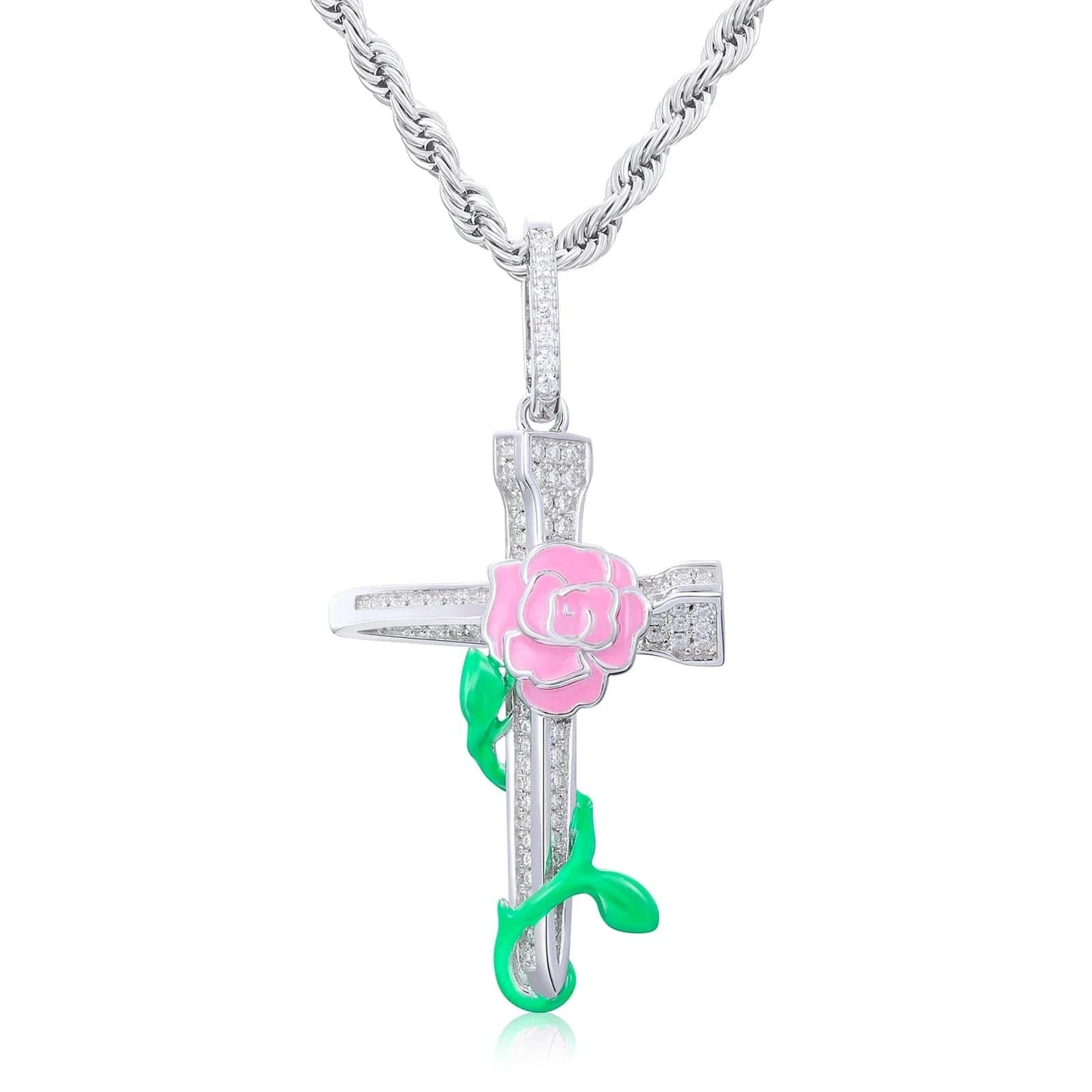 silver Dropshipping Enamel Plated Hip Hop Jewelry Glowing 925 Sterling Silver VVS Moissanite Diamond Rose Flower Cross Pendant