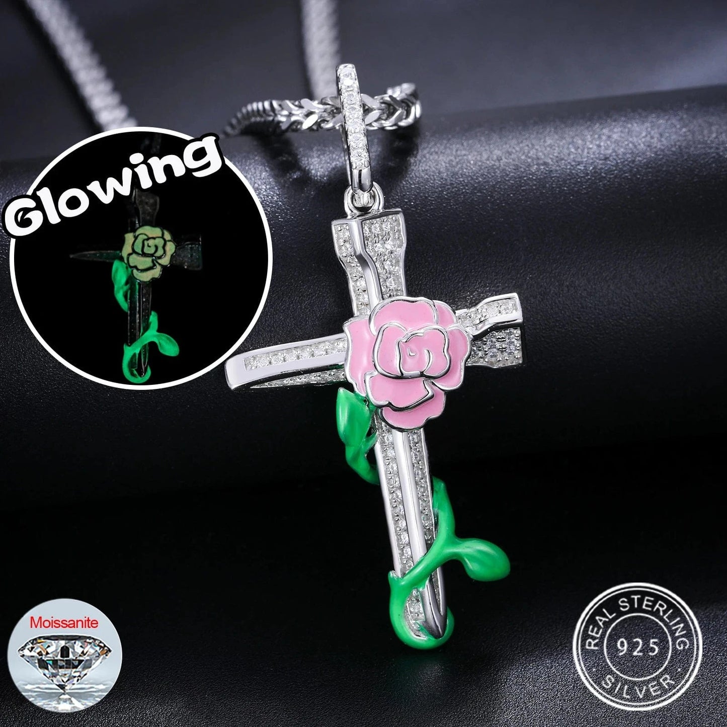silver Dropshipping Enamel Plated Hip Hop Jewelry Glowing 925 Sterling Silver VVS Moissanite Diamond Rose Flower Cross Pendant