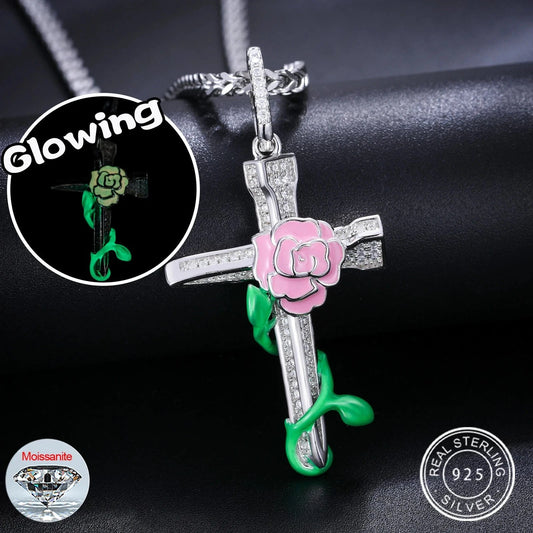 silver Dropshipping Enamel Plated Hip Hop Jewelry Glowing 925 Sterling Silver VVS Moissanite Diamond Rose Flower Cross Pendant