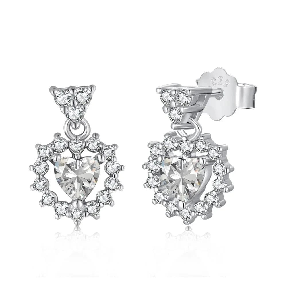 silver Factory Fashion Jewelry 925 Sterling Silver Stud Earrings Brilliant Halo Cubic Zirconia Heart Earrings for Women