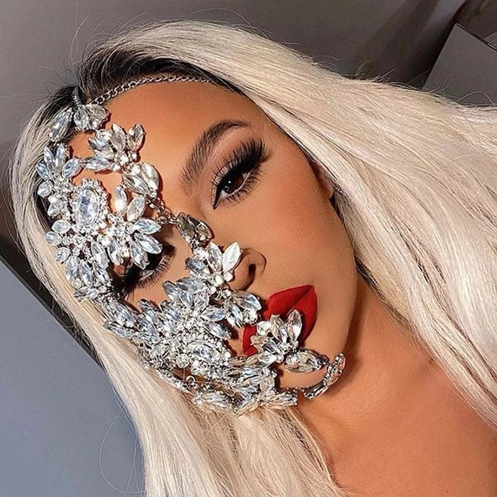 silver Fashion Festival Half Face Rhinestone Jewelry for Women Bling Silver Color Leaf Facemask Crystal Dance Jewelry