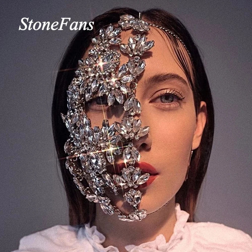 silver Fashion Festival Half Face Rhinestone Jewelry for Women Bling Silver Color Leaf Facemask Crystal Dance Jewelry