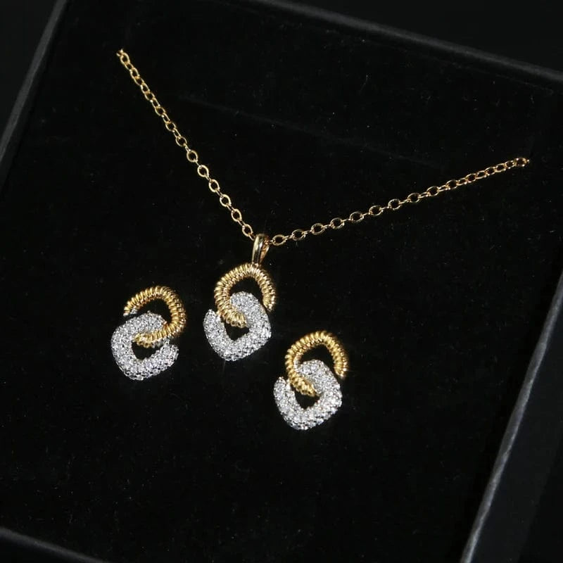 Silver Gold Two Tone Plated New Fashion Design 5A CZ Double Square Pendant Link Chain Necklace Women Jewelry Set