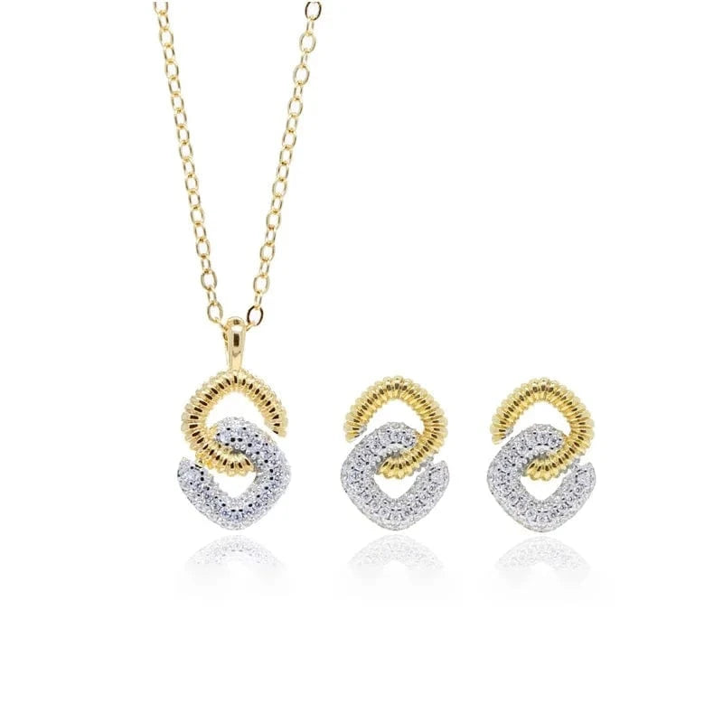 Silver Gold Two Tone Plated New Fashion Design 5A CZ Double Square Pendant Link Chain Necklace Women Jewelry Set