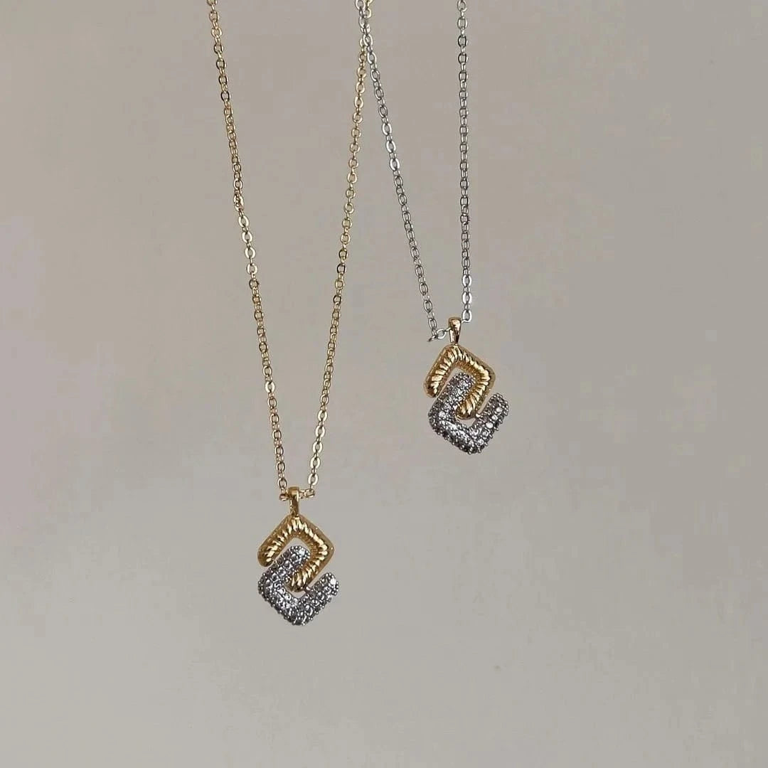 Silver Gold Two Tone Plated New Fashion Design 5A CZ Double Square Pendant Link Chain Necklace Women Jewelry Set