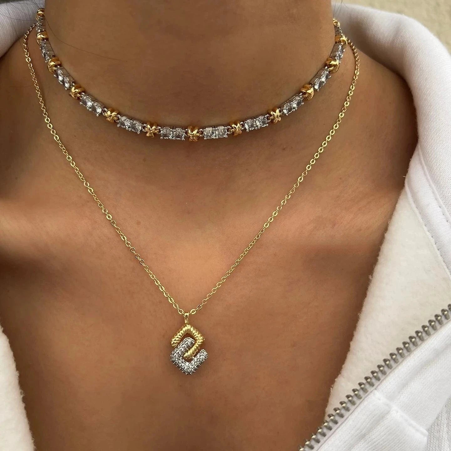 Silver Gold Two Tone Plated New Fashion Design 5A CZ Double Square Pendant Link Chain Necklace Women Jewelry Set