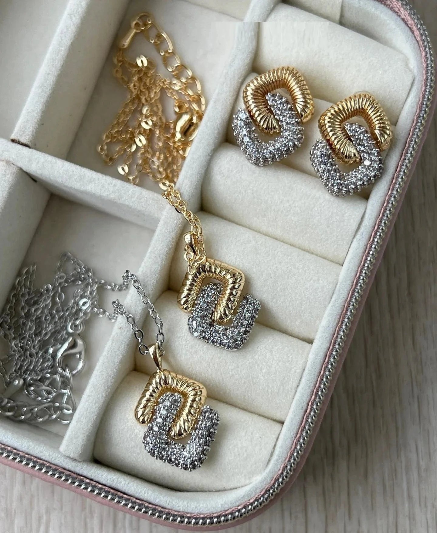 Silver Gold Two Tone Plated New Fashion Design 5A CZ Double Square Pendant Link Chain Necklace Women Jewelry Set