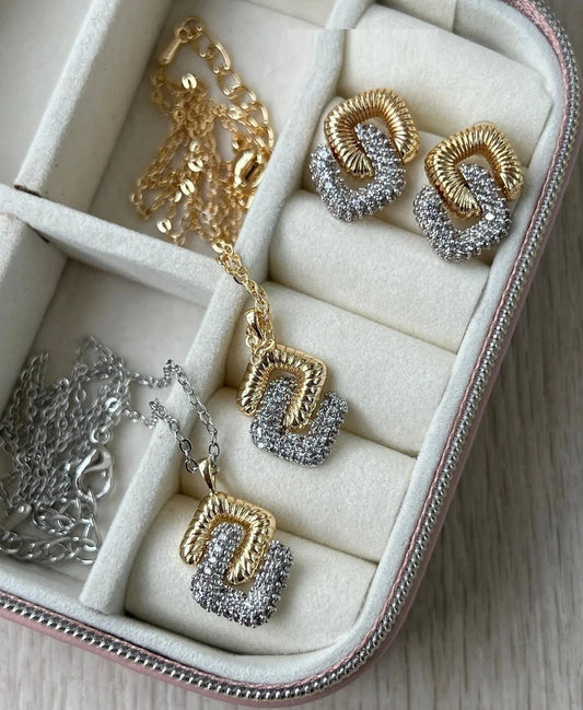 Silver Gold Two Tone Plated New Fashion Design 5A CZ Double Square Pendant Link Chain Necklace Women Jewelry Set