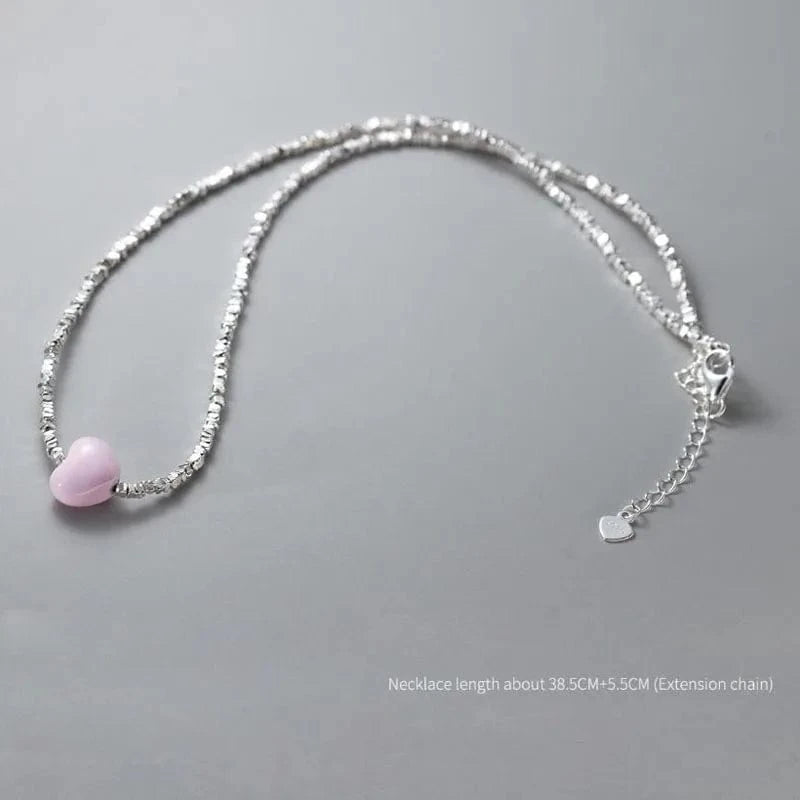 silver Handmade Broken Silver Beads Necklaces Candy Color Pink Heart Pendant Necklace For Women 925 Sterling Silver Jewelry