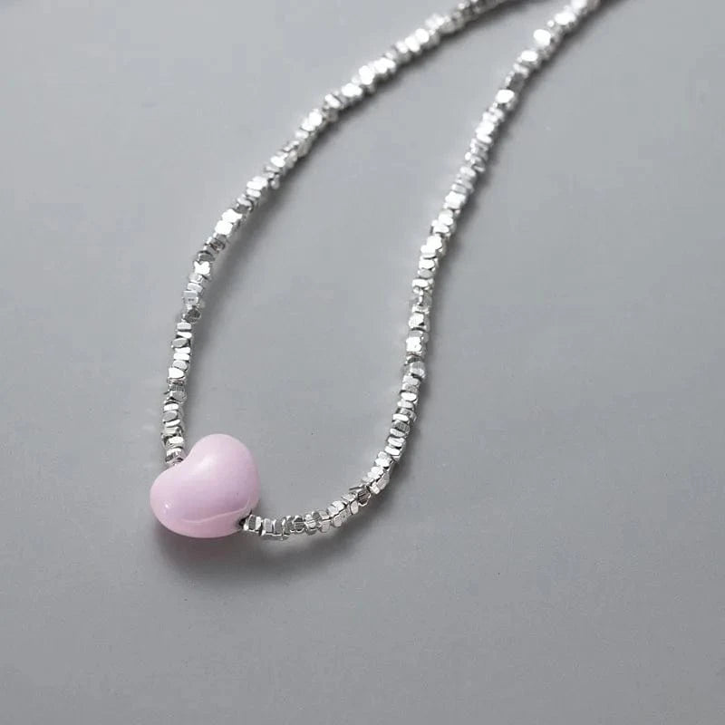 silver Handmade Broken Silver Beads Necklaces Candy Color Pink Heart Pendant Necklace For Women 925 Sterling Silver Jewelry