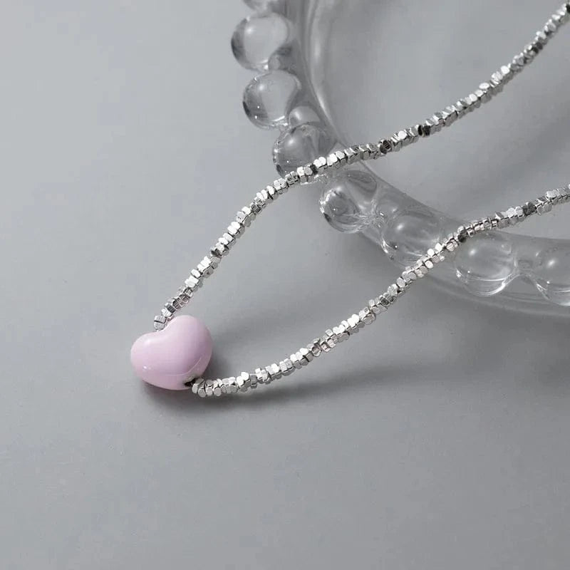 silver Handmade Broken Silver Beads Necklaces Candy Color Pink Heart Pendant Necklace For Women 925 Sterling Silver Jewelry