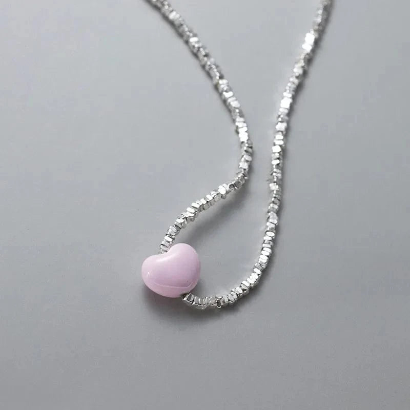 silver Handmade Broken Silver Beads Necklaces Candy Color Pink Heart Pendant Necklace For Women 925 Sterling Silver Jewelry