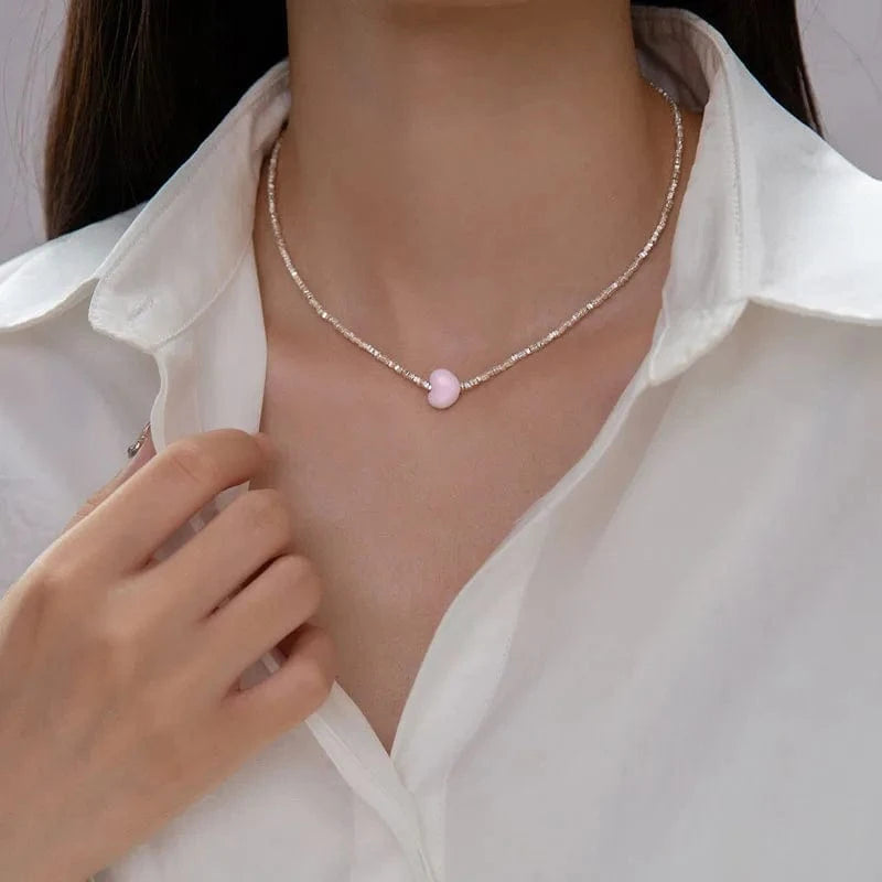 silver Handmade Broken Silver Beads Necklaces Candy Color Pink Heart Pendant Necklace For Women 925 Sterling Silver Jewelry