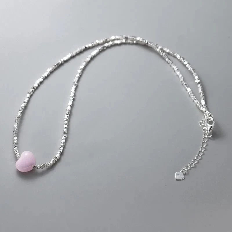 silver Handmade Broken Silver Beads Necklaces Candy Color Pink Heart Pendant Necklace For Women 925 Sterling Silver Jewelry