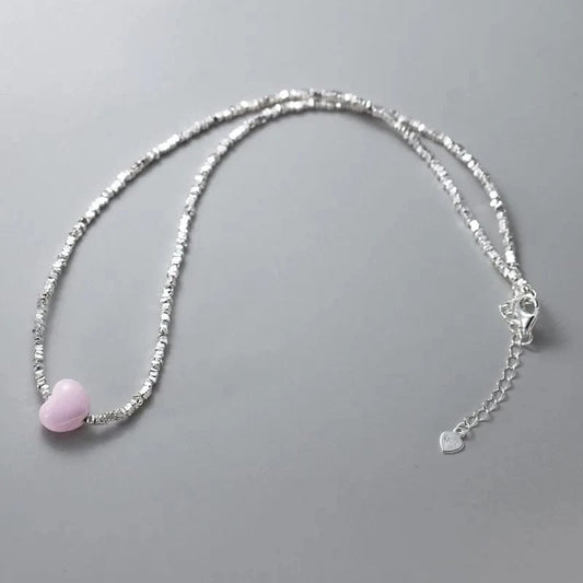 silver Handmade Broken Silver Beads Necklaces Candy Color Pink Heart Pendant Necklace For Women 925 Sterling Silver Jewelry