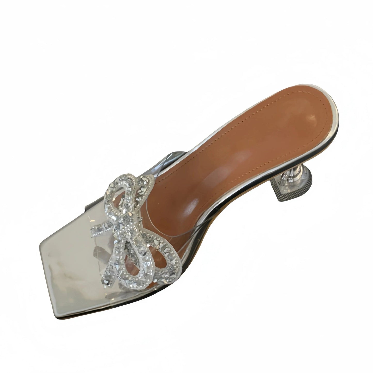 Silver high-heeled shoes new crystal heel transparent heel rhinestone bow sandals women's shoes
